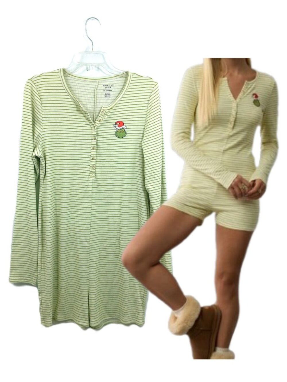 American Eagle Pajamas Women XL Romper Green White Stripes